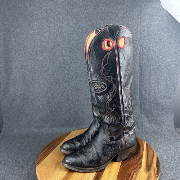 Vtg Justin Tall Elephant Print Spellout Buckaroo Leather Boots Black Red 6.5D - Picture 5 of 12